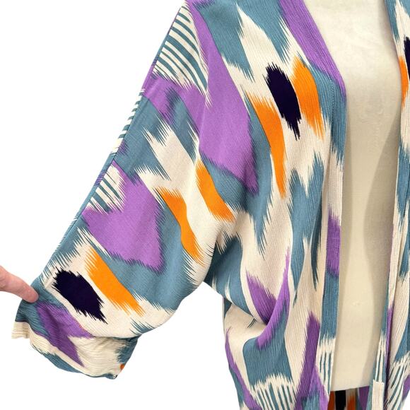 Anthropologie Bel Kazan OS Colorful Artisan Print Layering Open Kimono Duster - Picture 8 of 14